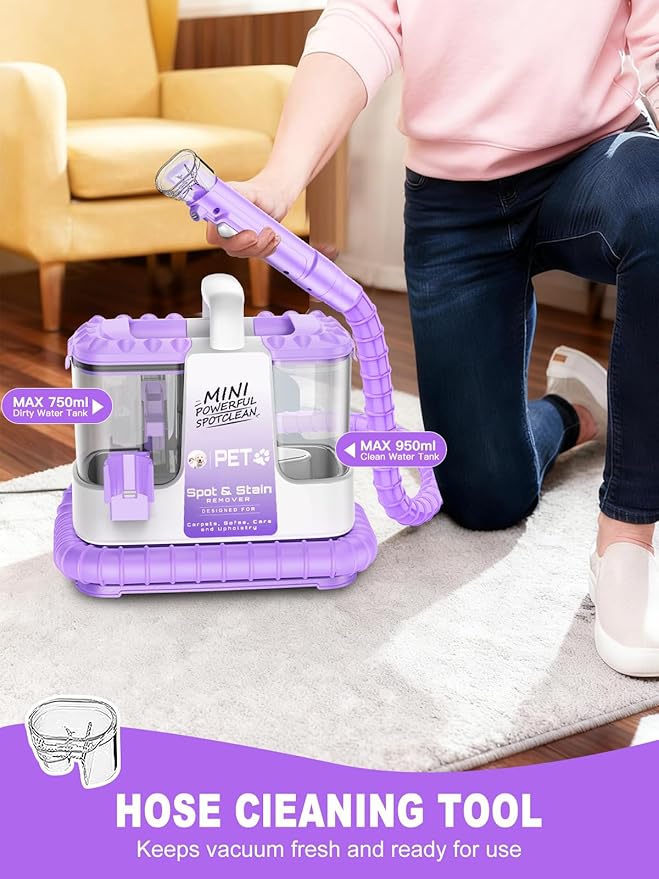 Portable Carpet & Upholestery Cleaner Machine for Pets, Spot, Stain, Couch Cleaner Machine with Powerful Suction and and Self Cleaning, Car/Auto Detailer, Lightweight Compact Design, Purple