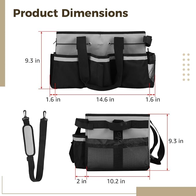 Wearable Cleaning Caddy Bag, Large Housekeeping Supply Organizer with Adjustable Shoulder Strap, Waist Strap and Handle, 600D Oxford Cleaning Tote with Dividers for Kitchen, Car Detailing, Black Gray