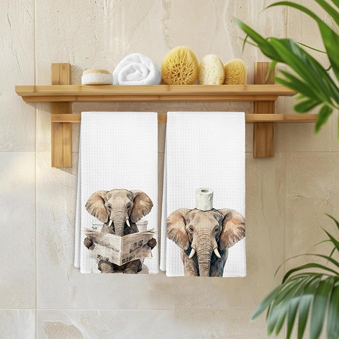 Funny Elephant Hand Towels for Bathroom Washroom Kitchen Safari Decor, Elephants Themed Gifts Dish Tea Towels for Women Men, Cute Elephants Animals Decorative Hand Towels Set of 2, 16x24 Inch