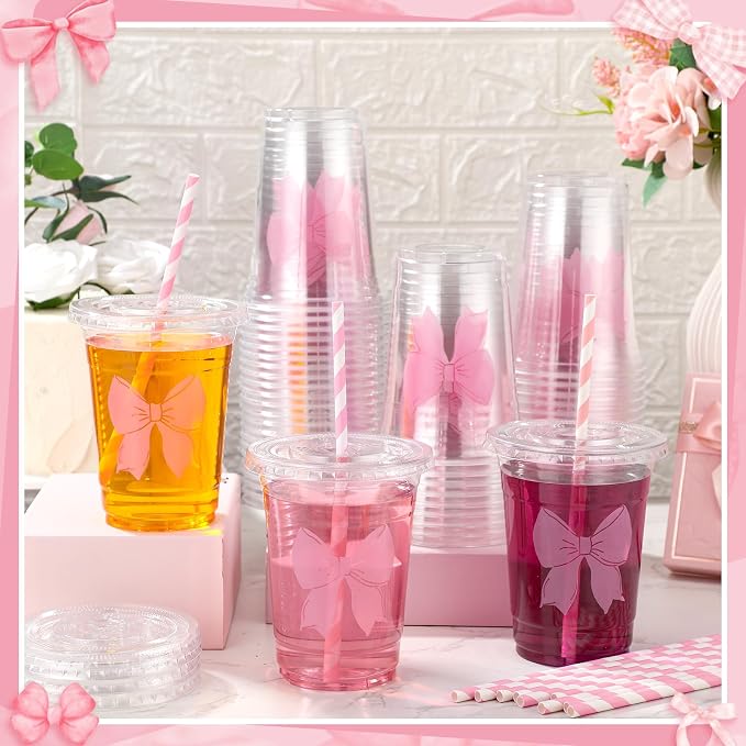Sliner 25 Pcs 16 oz Coquette Disposable Plastic Cups with Straw for Party Supplies Bow Cups Birthday Wedding Bridal Engagement Party Drinkware Baby Shower Decoration (Pink Bow)