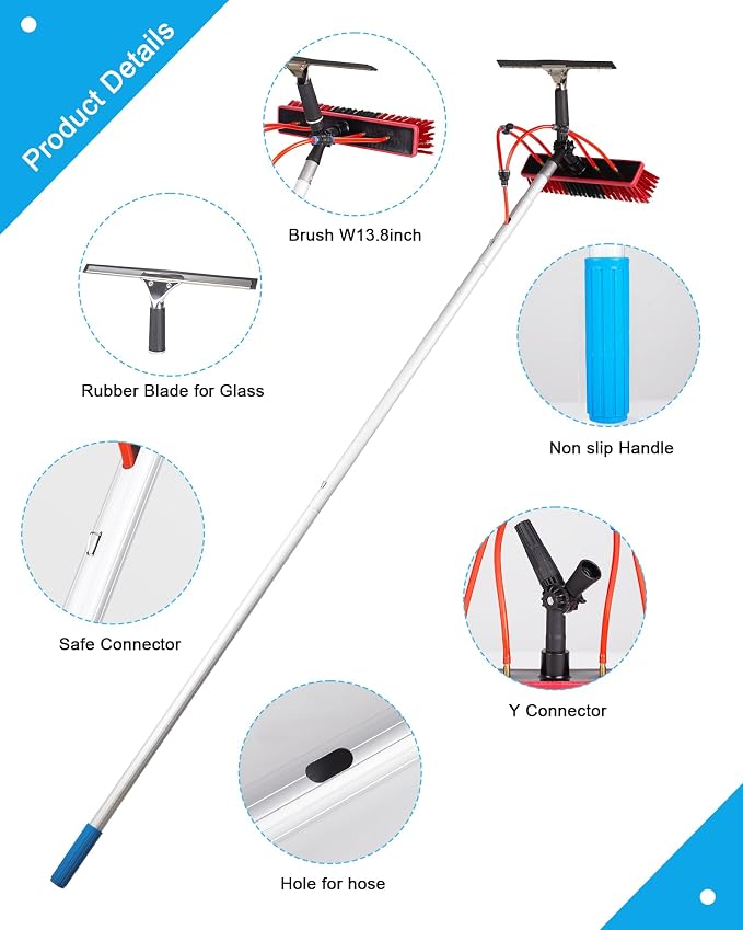 35ft Solar Panel Cleaning Brush & Squeegee, 2 Dusting Brush, Lightweight & Extendable Poles, Water Fed Poles Kit for Roof Window Greenhouse