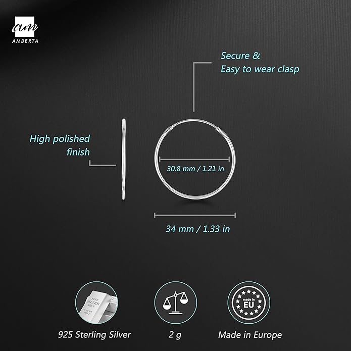 Amberta® 925 Sterling Silver Fine Circle Endless Hoops - Polished Round Sleeper Earrings Diameter Size: 20 30 40 60 75 mm