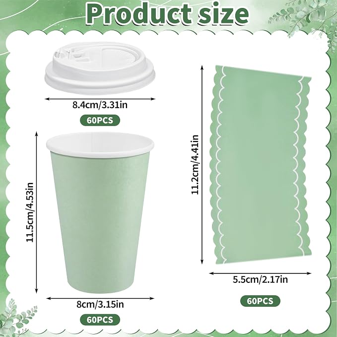 NatNarr 60 Pack Sage Green Coffee Cups with Lids Sleeves, 12oz Insulated To Go Paper Cups Sage Green Party Cups Disposable Paper Cups, Drinking Cups for Wedding Birthday Baby Shower Party Supplies