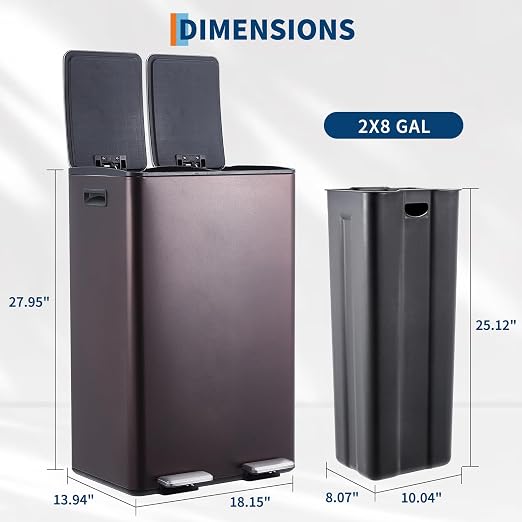 Garvee Dual Trash Can, 16 Gal (2 x 30 l) Stainless Steel Kitchen Garbage Can with Lid and Inner Bucket, Double Compartment Trash and Recycle Bin Combo with Step Pedal for Home Office, Brown