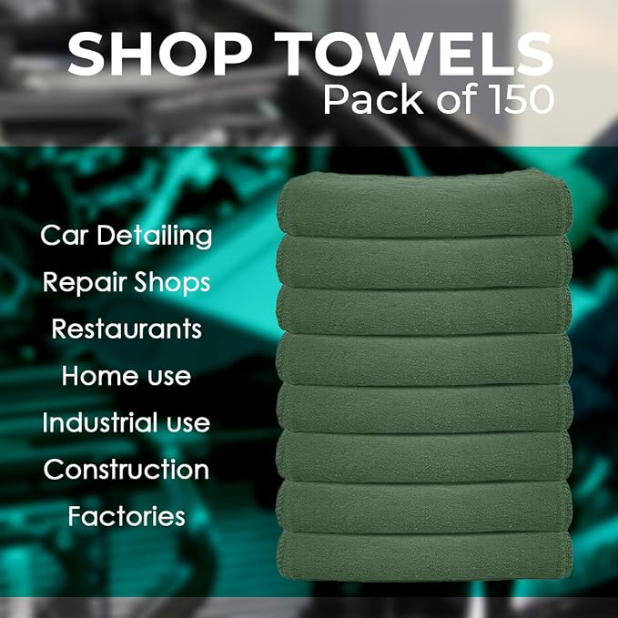 Avalon Towels Cotton Shop Rags – (Pack of 50) Size 12x14 Inches Cleaning Rags – Absorbent Shop Towels and Multipurpose Cleaning Towels for Automobiles, Industries, Garage and Homes (Green)