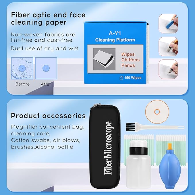 14 in 1 Fiber Optic Cleaning Tool kit with 400x Optical Microscope SC LC MPO Cleaner Pen and 2.5mm 1.25mm MTP Cleaning Box with Replace core