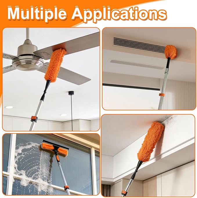 26FT High Reach Duster Kit with 5-20FT Flip-Lock & Screw Dual Locking Extension Pole, Cobweb Duster, Washable Ceiling Fan Cleaner & Window Squeegee for Glass & High Roof
