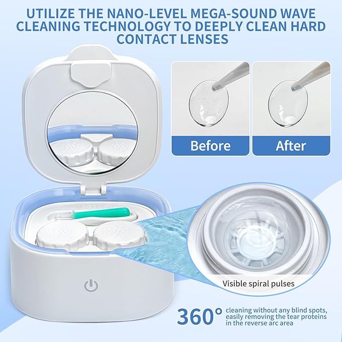 Contact Lens Cleaner, Ultrasonic Rigid Contact Lens Cleaner with USB Charger for OK Lenses, RGP, Colored and Soft Lenses (White)