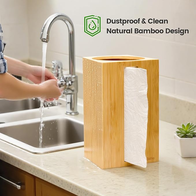 Bamboo Paper Towel Holder with Hooks – One-Hand Tear, Dustproof, No-Drill Adhesive & Wall Mount, Under Cabinet/Countertop Dispenser for Kitchen, Garage & Workshop | Fits Jumbo Roll