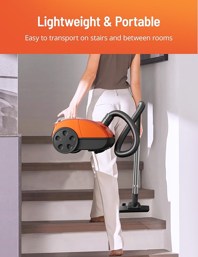 Bagged Canister Vacuum Cleaner, Canister Vacuum Cleaners for Home, Automatic Cord Rewind, Portable Corded Vacuum Cleaner with 3 Replacement Bags for Hard Floors, Pet Hair, Carpet and Upholstery