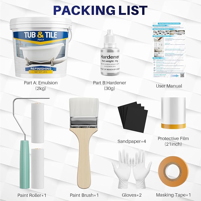 Tub and Tile Paint Refinishing Kit, 70oz Bathtub Refinishing Kit with Tools, DIY Tub Paint White for Bathtub, Shower, Kitchen Countertop, Porcelain, Easy to Cover & Low Odor