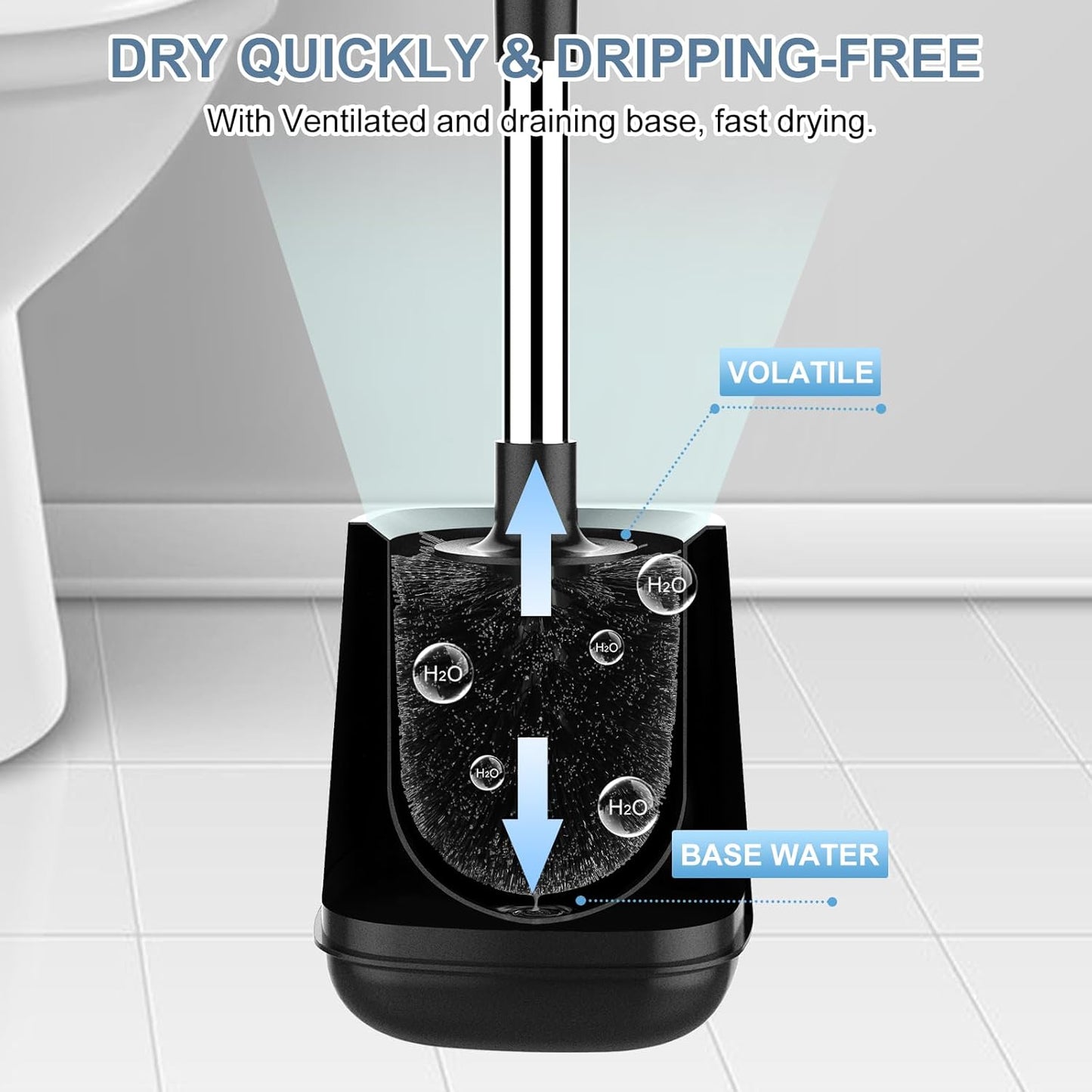 SetSail Toilet Brush and Holder 4 Pack, Self Closing Lid Toilet Bowl Brushes Holder Extra Long Handle Ventilated Toilet Brush Set for Bathroom Cleaning, Nylon Bristles, Black