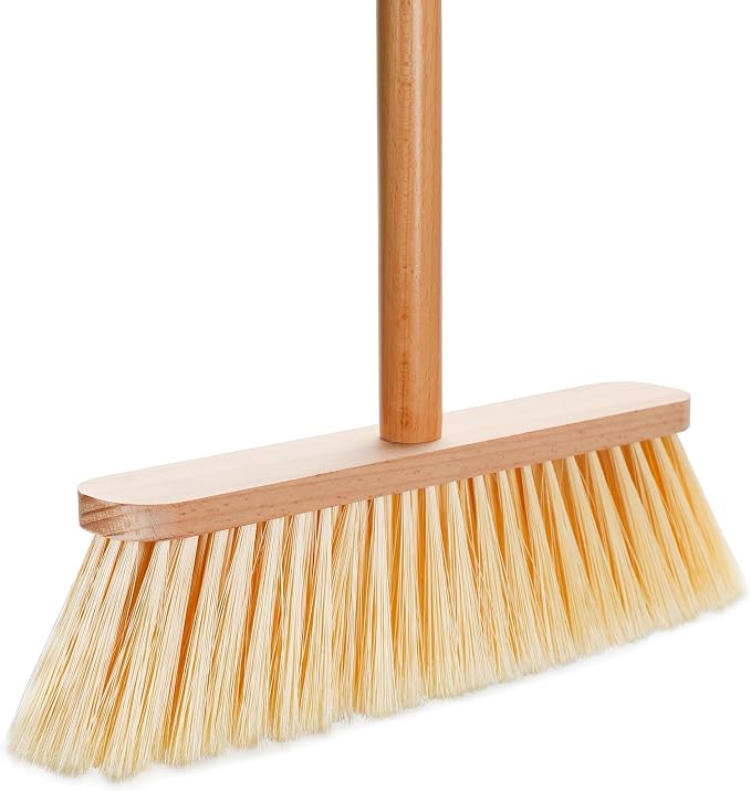 Wood Handle Household Broom - Heavy Duty PET Bristles for Pet Hair & Dust