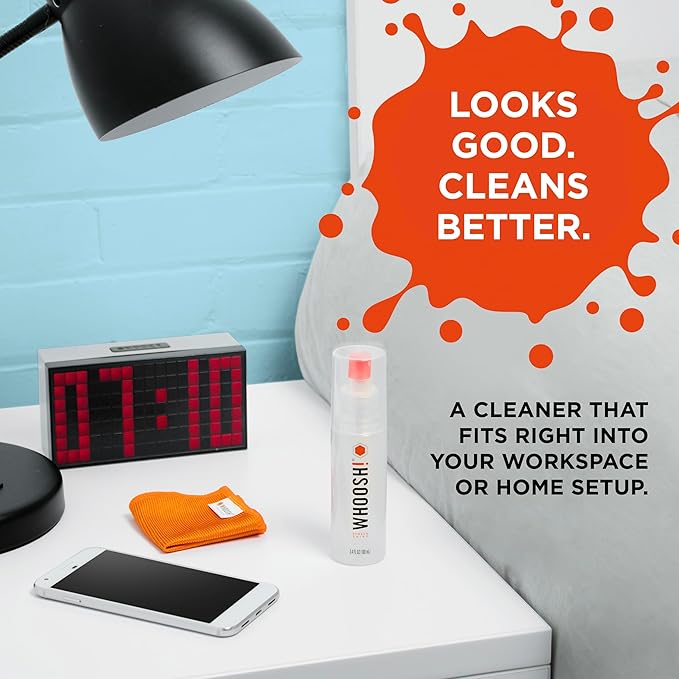 WHOOSH! Screen Shine Go XL - 3.4 fl oz with Microfiber Cloth - Powerful Streak-Free Screen Cleaner Spray and Wipe for MacBook, Laptop, Car, Eyeglasses & Phone - Sleek Bottle for Home, Work or Travel