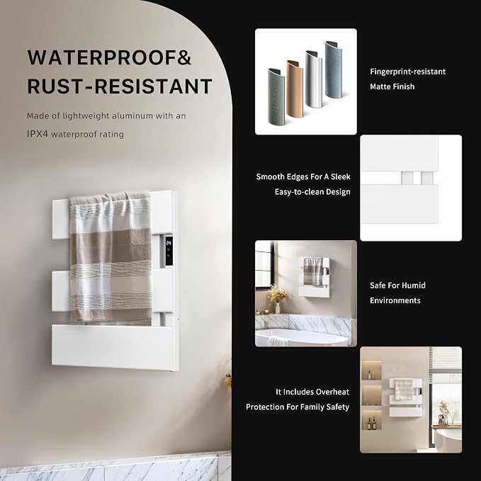 Electric Towel Warmer with Smart LED Timer, Modern [2/3/4] Bar Large Panel Heated Towel Rack, Wall-Mounted Plug-in/Hardwired 2-in-1, Rapid Warmth for Bathrooms, [Matte Black/Alpine White]