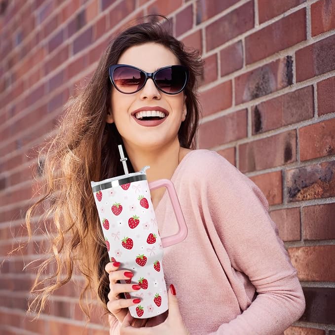 Ceovfoi 40oz Strawberry Tumbler With Handle Lid and Straw,Strawberry Floral Coffee Mug Cup Water Bottles,Strawberry Themed Gifts for Women,Strawberry Decor Stuff Accessories
