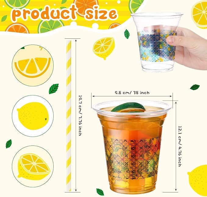Umigy 100 Pack Plastic Disposable Cups with Lids and Straws 12 oz Disposable Cups for Juice Water Coffee Summer Party Sports Party Supplies (Capri Lemon)