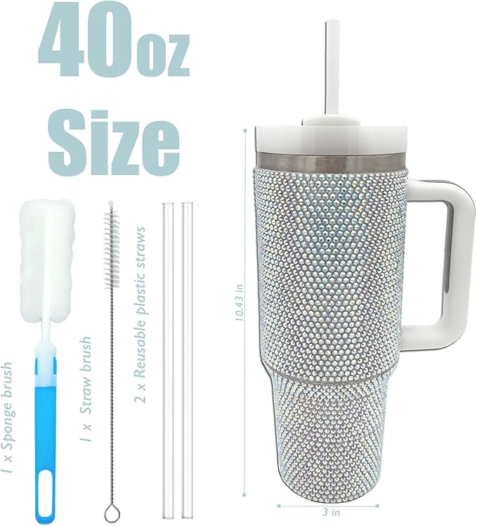 40oz Bling Tumbler with Handle and Straw Lid Rhinestone Studded Tumbler Cups Vacuum Insulated Stainless Steel Double Wall Water Bottle Travel Mug Gifts for Women Her (Polar Light)
