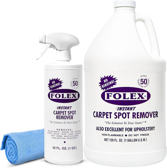 FOLEX 32 oz Instant Carpet Spot Remover Carpet Cleaner with Reusable Cleaning Cloth - Removes Pet Accidents, Grease, Red Wine and More (1 Pack + Refill)