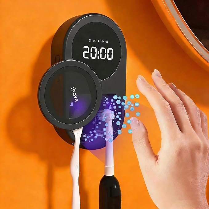 iHave UV Toothbrush Sanitizer Holder 2 Slots Wall Mounted Wave Sensor Auto | UVC+Ion 360 Dual Disinfection (No Dead Zone) • 4H Auto-Cycle (Bacteria Regrow in 4-8H) • Heat & Fan Drying • LED Time Display