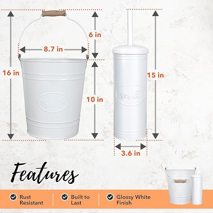 Autumn Alley Rustic Farmhouse White Bathroom Trash Can and Toilet Brush Set – Bathroom Accessories for Modern Farmhouse Charm, White Trash Can with Toilet Brush and Holder, 2 Gal. Capacity