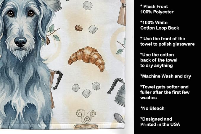 Caroline's Treasures Blue-Gray Scottish Deerhound Coffee Bar Kitchen Towel Velour Plush Front and Cotton Loop Back Machine Washable