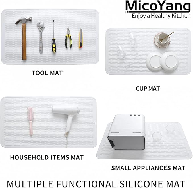 MicoYang Silicone Dish Drying Mat for Multiple Usage,Easy clean,Eco-friendly,Heat-resistant Silicone Mat for Kitchen Counter or Sink,Refrigerator or Drawer Liner White 4XL 32 inches x 18 inches