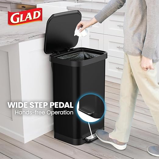Glad 20 Gallon All Stainless Steel Trash Can with Clorox Odor Protection | Large Metal Kitchen Garbage Bin with Soft Close Lid, Garbage Bag Rings, Step On Foot Pedal and Waste Bag Roll Holder, Black