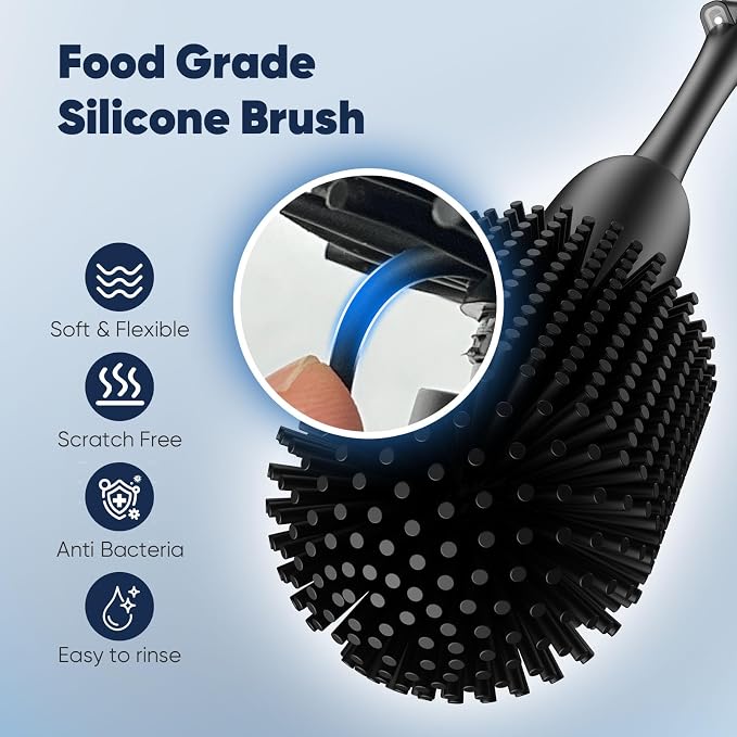 EKZ Electric Toilet Brush with UV Stain Detection, High-Torque Deep Cleaning, Dual-Speed 80/200 RPM, Silicone Brush Head, Wall-Mounted Holder, Type-C Rechargeable, Black