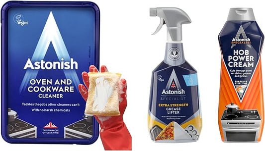 Astonish Kitchen Degreaser & Cleaner Bundle – Oven & Cookware Cleaning Paste, Extra Strength Grease Lifter Spray with Baking Soda, and Specialist Hob Cleaner Cream – Heavy Duty Multi-Surface Cleaning