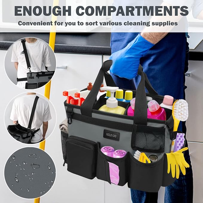 Wearable Cleaning Caddy Bag,Cleaning Supply Tote for Cleaning Supplies, Cleaning Organizer with Adjustable Shoulder and Waist Straps for Cleaners & Housekeepers (Grey, Large)