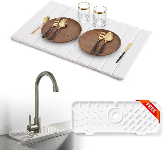 Large PU Leather Surface Quick Drying Dish Drying Mat with Diatomaceous Earth Stone For Kitchen Counter 25"x16" – Foldable and Absorbent Kitchen Counter Mat, Includes Silicone Faucet Mat White