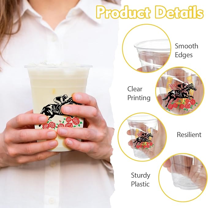 100Pcs Derby Horse Plastic Party Cups, 12oz Kentucky Race Disposable Clear Cups for Derby Party Decorations, Horse Racing Drinking Cup, Themed Birthday, Holiday Gatherings Favors