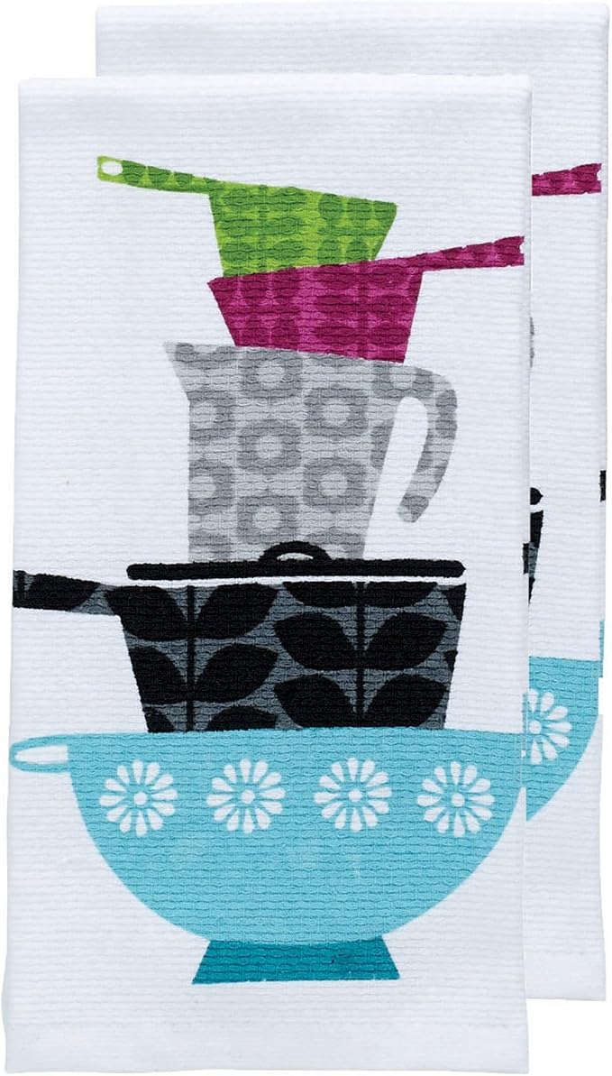 T-Fal Textiles Double Sided Print Woven Cotton Kitchen Dish Towel Set, 2-Pack, 16" x 26", Pots & Pans Print