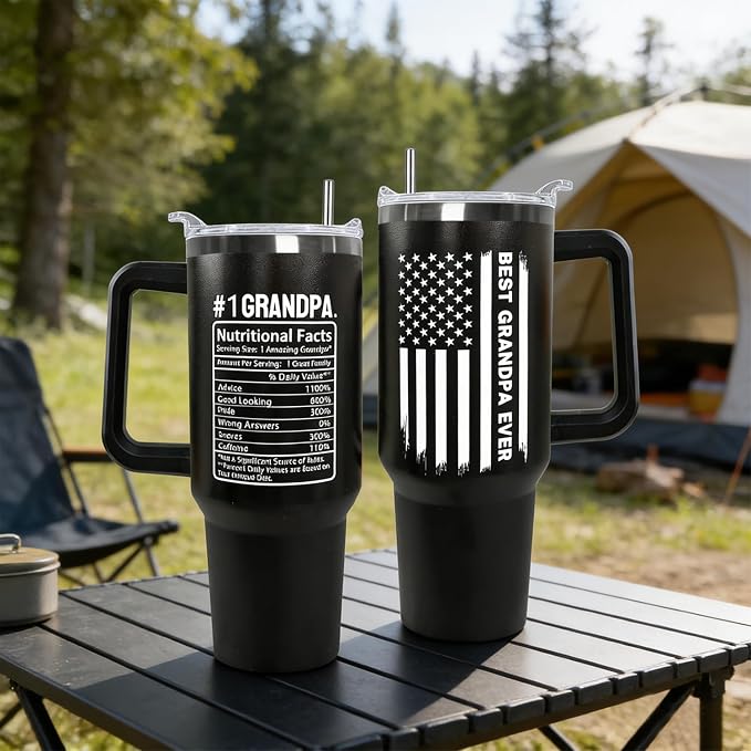 Ceovfoi 40 oz Grandpa Tumbler with Handle Lid and Straw,Black Grandpa Stainless Steel Cups Mug water Botter,Fathers Day Gift For Grandpa From Grandson,Granddaughter
