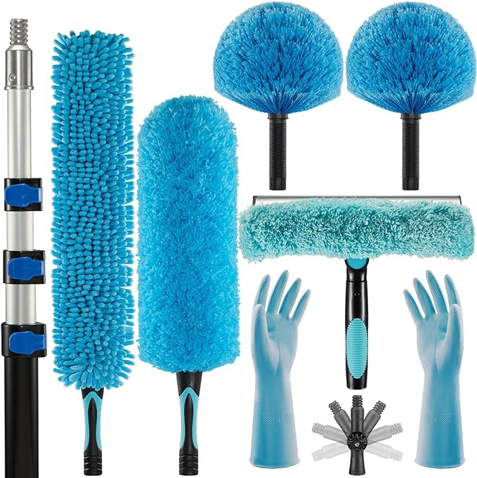 20 Foot Fan Cleaner High Ceiling 2 Cobweb Dusters with Heavy Duty Extension Pole, Window Squeegee Kit, Household Cleaning Gloves(12ft)