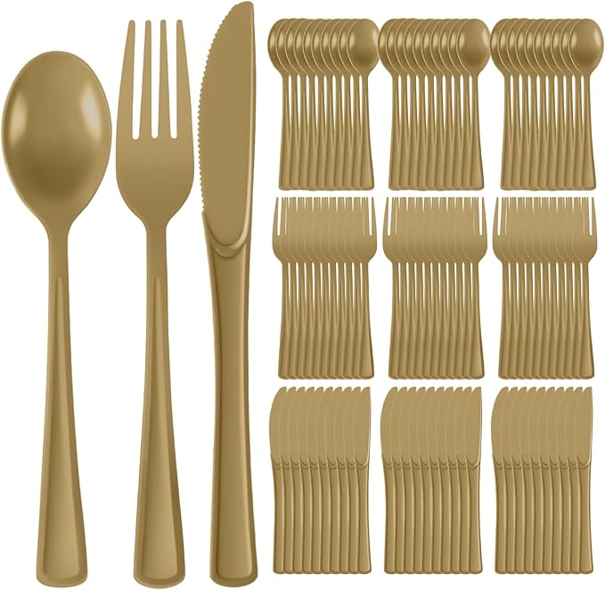 Plastic Silverware 150 PCS Disposable Silverware Heavy Duty Utensil Sets 50 Of Each Forks Knives & Spoons Disposable Cutlery Set For Easter,Birthday,Baby Shower,Garden Party,Wedding(150,Gold)
