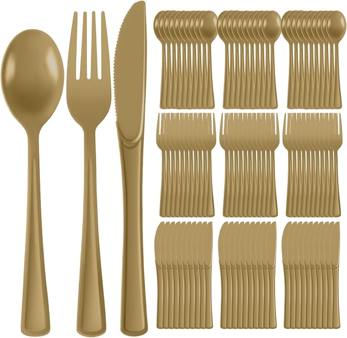 Plastic Silverware 300 PCS Disposable Silverware Heavy Duty Utensil Sets 100 Of Each Forks Knives & Spoons Disposable Cutlery Set For Easter,Birthday,Baby Shower,Garden Party,Wedding(300,Gold)
