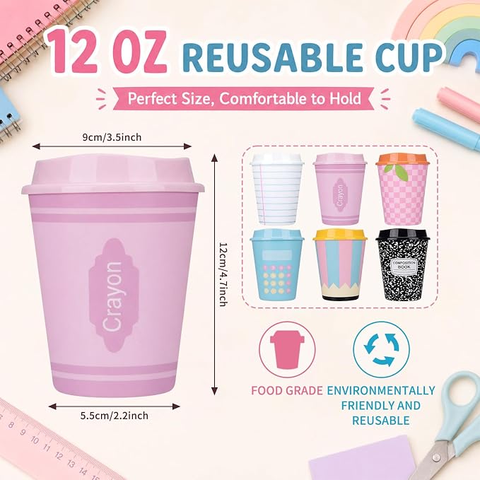 Skylety 24 Pcs Back to School Cups Bulk 12oz Classic and Pastel Style Reusable Plastic Coffee Cups with Lids First Day of School Gifts for Teachers Students Party Favors Supplies (Pastel)