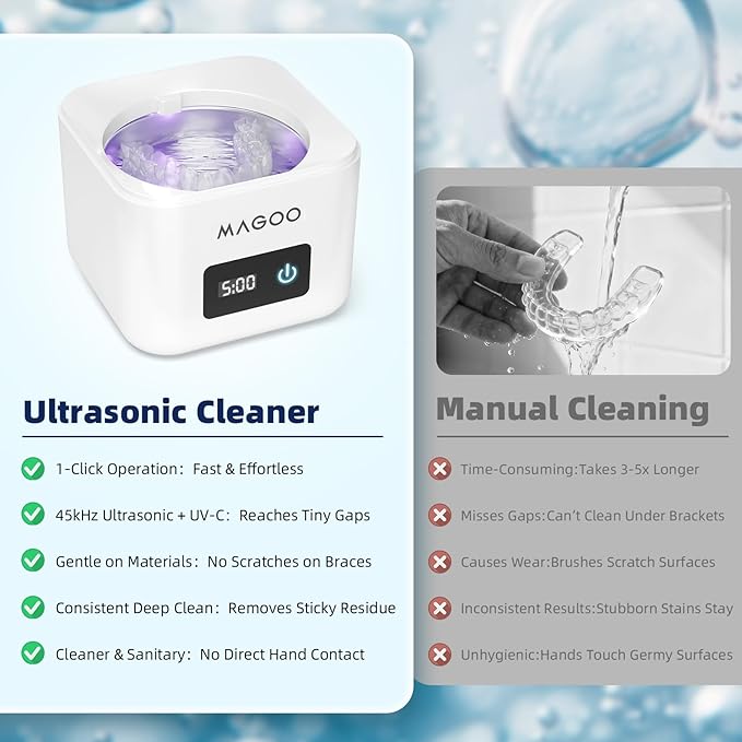 Ultrasonic Retainer Cleaner Machine, Denture Cleaner for Aligners Night Guards Braces Mouth Guards Toothbrush Heads，All-in-One Dental & Jewelry Cleaner, 45kHz 200ML, Dual Modes