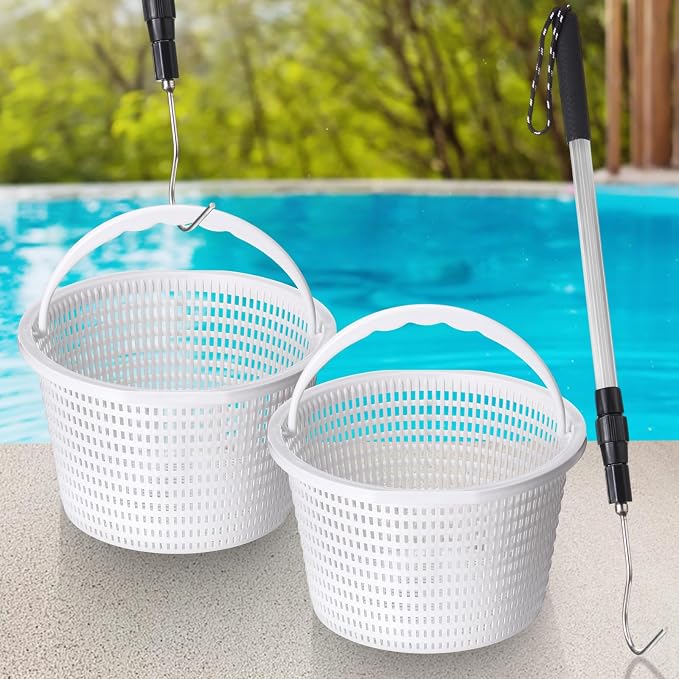 Lasnten 3 Pcs Pool Skimmer Basket for Inground Pool Skimmer Hook Extendable Filter Basket Filter Lid Lifting Hook for Cleaning Accessory Keep Hands Clean(8 Inch)