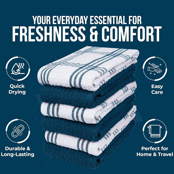 DAN RIVER Premium Blue Opal Kitchen Towels - [Pack of 6] 100% Cotton (16x 26 Inches) -Super Soft, Highly Absorbent Hand Towels, Quick Dry, Dish Towels, Tea and Bar Towels Set