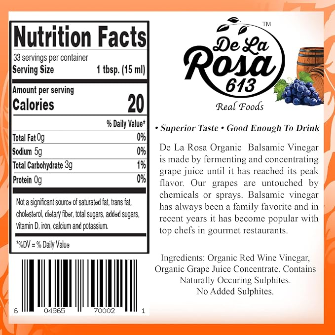 De La Rosa Organic Balsamic Vinegar, Kosher for Passover, Vegan & Gluten Free, Balsamic Vinegar Dressing for Salads and Marinades, 16.9 oz (Pack of 2)
