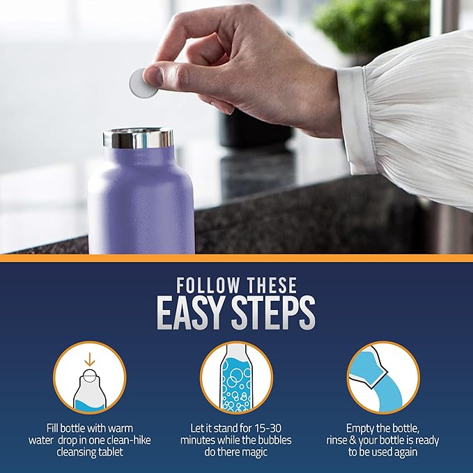 CleanHike Tumbler Water Bottle Cleaning Tablets - (90 Tablets) All Natural Ingredient, Great for All Stainless, Plastics, Ceramic and Glass Drinking Containers, Individually Packed (3)