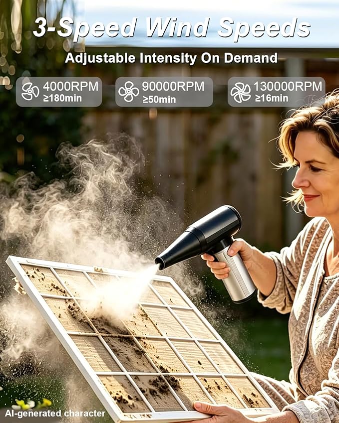 Compressed Air Duster, 3-in-1 Electric Duster & Vacuum, Air Duster Rechargeable- Brushless Motor, 3-Speed Adjustable Dust Blower for Keyboard, Computer, Car, Home, Outdoor