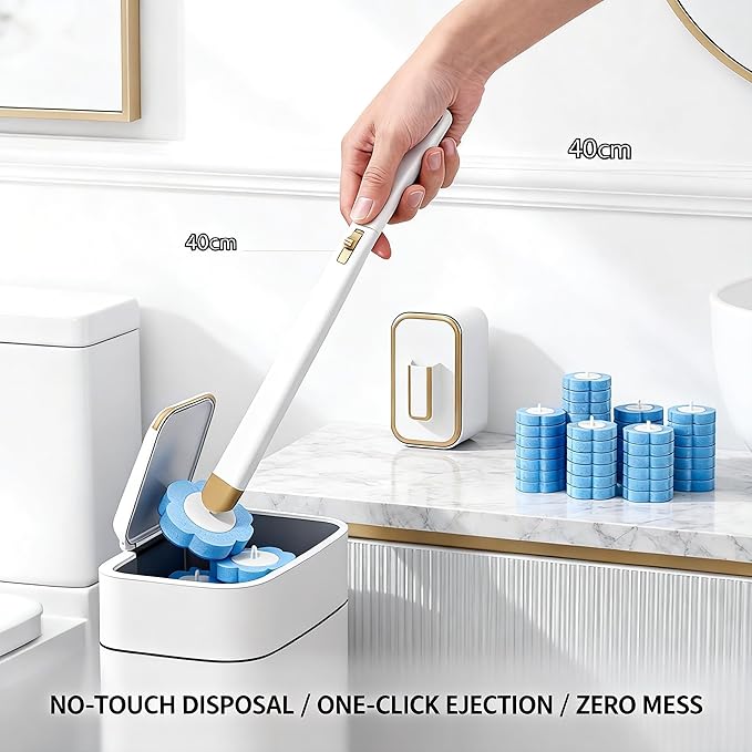 Disposable Toilet Brush with 48 Refill Heads and Holder– Includes Storage Caddy&Toilet Bowl Wand, Wall-Mount Scrubbing Toilet Brush Bathroom Cleaning Kit (1 Wand+48 Refills)