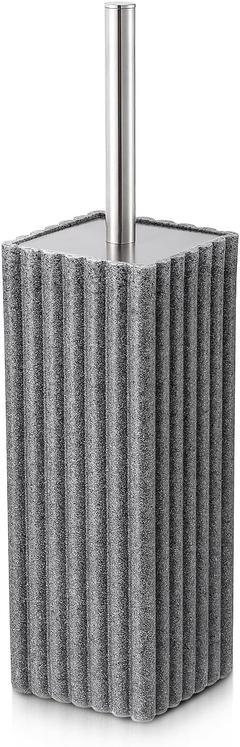 Grey Toilet Bowl Brush and Holder for Bathroom，Resin Toilet Brush and Holder Set with Stainless Steel Handle，Deep Cleaning Modern Toilet Cleaner Brush -Space Saving, Covered Brush