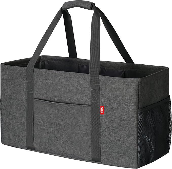 LHZK Standing Extra Large Utility Tote Bag with Metal Wire Frame and the Sides Rinforced, Extra Large Tote Bag with Handle, Reusable Grocery Bags Foldable, Beach Bag, Car Tote (Grey) | Metal Wire Frame