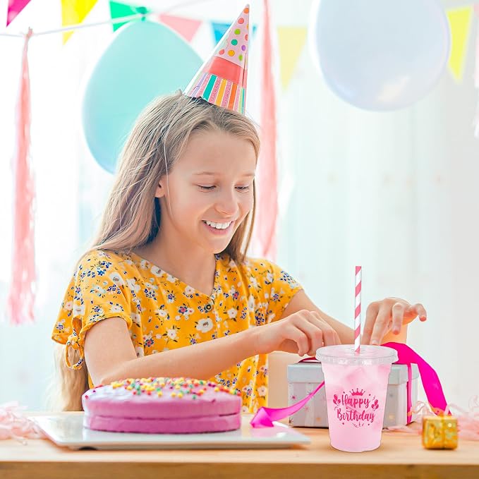 Whaline 50 Pcs 12 Oz Happy Birthday Disposable Plastic Cups with Lids and Straws Hot Pink Cold Beverage Drinking Cups for Home Kitchen Birthday Party Supplies