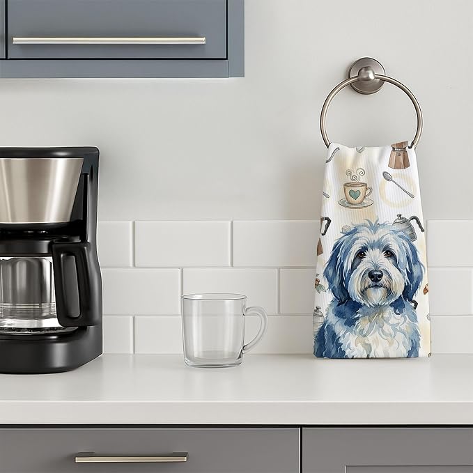 Caroline's Treasures Blue and White Old English Sheepdog Coffee Bar Kitchen Towel Velour Plush Front and Cotton Loop Back Machine Washable